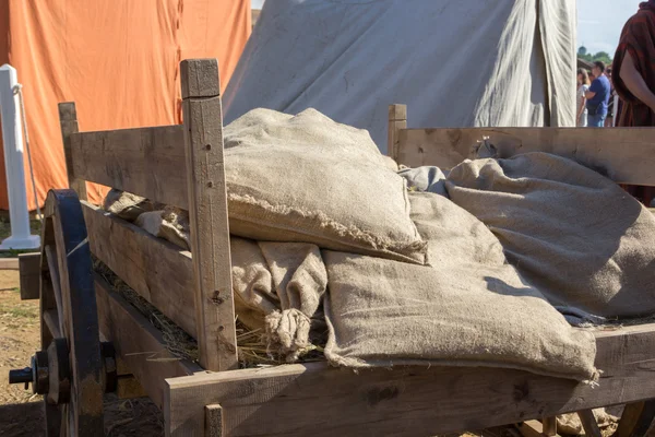 Wooden cart with straw and sacks — Stock Photo, Image