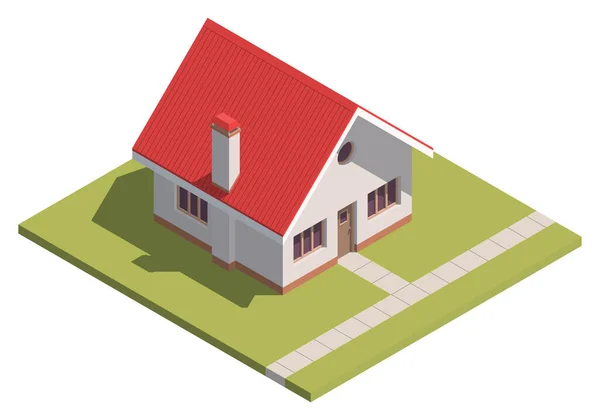 郊区住宅等距测量 一个带有红色屋顶的独立房屋的超详细的等距视图 3D家庭住宅 用于电子游戏或房地产广告 为了你的生意Vetor Illustration 矢量图形