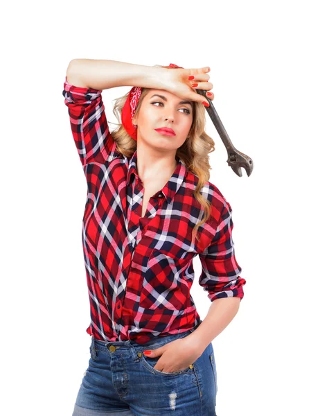 Girl with a wrench retro — Stock Photo, Image