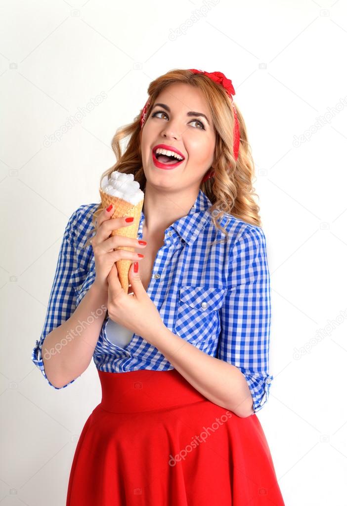 Happy woman eating ice cream,isolated on white