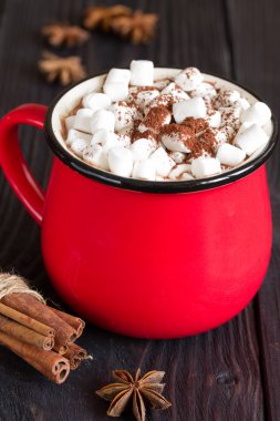 Kakao marshmallows ahşap bir masa üzerinde kırmızı bir fincan ile