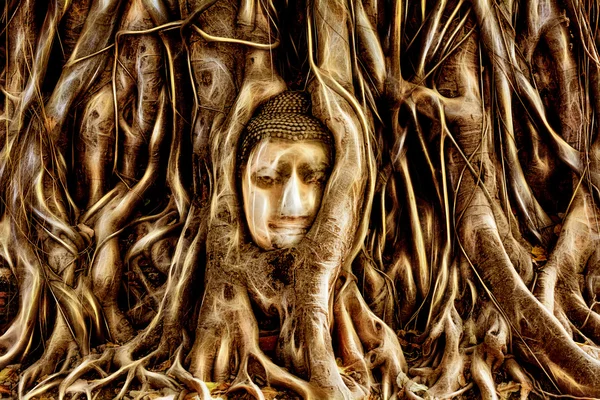 Buddha Head engulfed by tree roots in Ayuthaya, Thailand — Stock Photo, Image