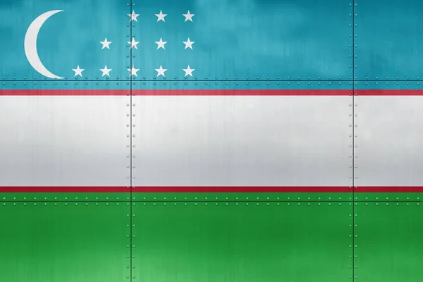 Flaga Uzbekistanu Metalowym Tle Ściany — Zdjęcie stockowe