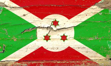 Eski ahşap bir arka planda Burundi 'nin 3D bayrağı.