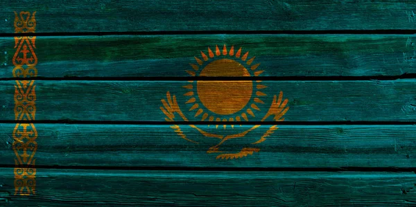 Flagga Kazakstan Gammal Trä Vägg Bakgrund — Stockfoto