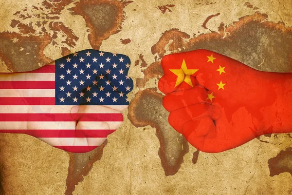 Flags Usa China Fist Hand Map World Background China Trade — Stock Photo, Image