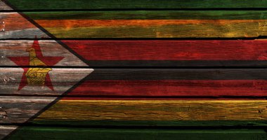 Eski ahşap bir arka planda Zimbabwe 'nin 3D bayrağı.