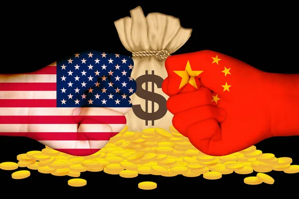 Flags Usa China Pile Gold Coins Background China Trade War — Stock Photo, Image