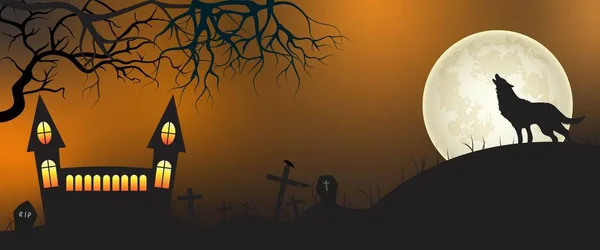 Halloween Koncept Pozadí Měsícem Hrad Vytí Psa Úplňku Noc Strom — Stockový vektor