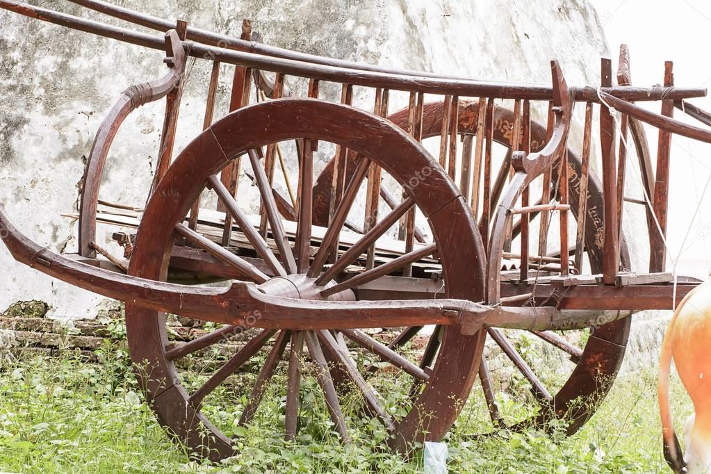 The wood wheel of a cart or buckboard.