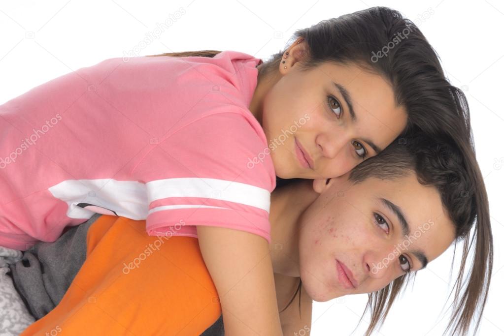 Funny teen couple, smiling newly  wake up and dressed in their p