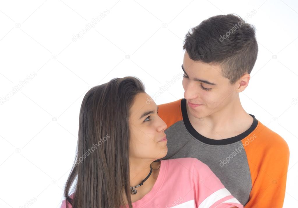 Funny teen couple, smiling newly  wake up and dressed in their p