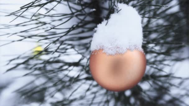 Kerstversiering opknoping op een kerst met sneeuw bedekte boom — Stockvideo