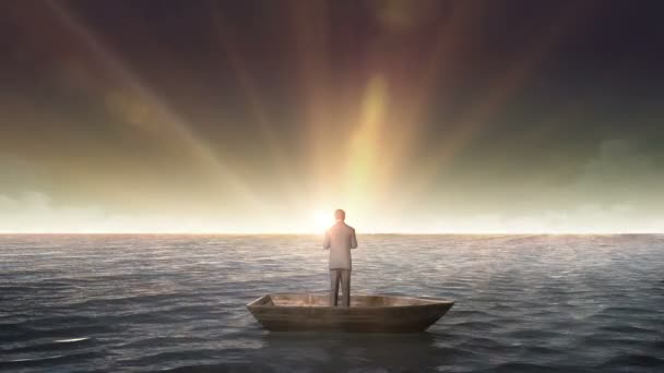 Rising typo IDEAS, frente a Empresario en un barco, en el océano, mar . — Vídeos de Stock