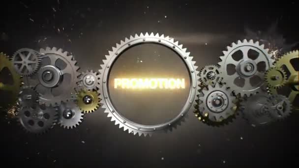 Conectando rodas de engrenagem e fazer palavra-chave, 'PROMOÇÃO' (alfa incluído ) — Vídeo de Stock