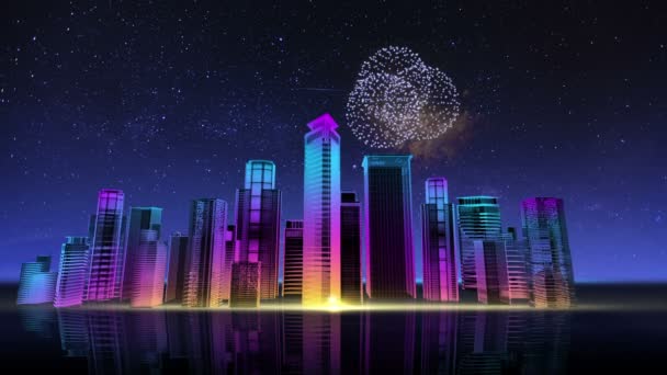 Construcción edificio ciudad skyline y hacer ciudad en animación. Fuegos artificiales, festival . — Vídeo de stock