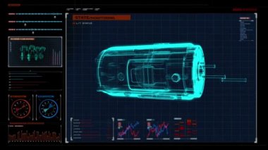 Otomobil Teknolojisi. Yapma Motoru, parçaları toplandı, X-Ray Top görünümü. dijital ekran panelinde. kullanıcı arabirimi.