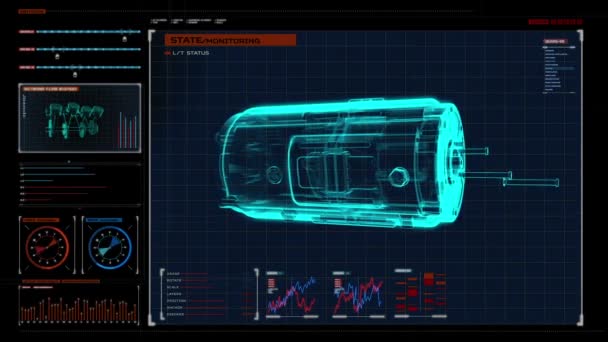 Auto-technologie. Het maken van de motor, onderdelen verzameld, X-Ray bovenaanzicht. in het digitale displaypaneel. gebruikersinterface. — Stockvideo