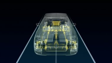 Otomobil Teknolojisi. Tahrik mili sistemi, motor, iç koltuk. X-Ray Ön görünüm.