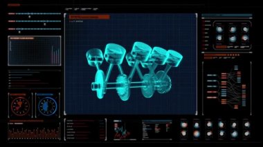 Otomobil Teknolojisi. Motor pistonlu X-Ray Üst görünüm. dijital ekran panelinde. kullanıcı arabirimi.