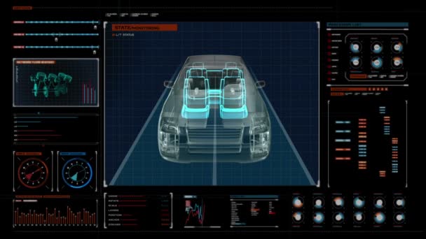 Auto-technologie. Aandrijfas systeem, motor, binnenzitting. X-Ray vooraanzicht. in het digitale displaypaneel. gebruikersinterface. — Stockvideo