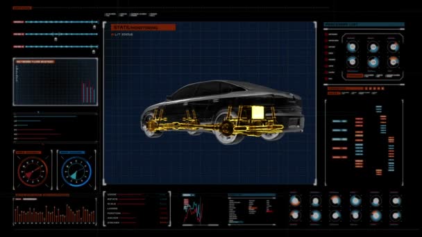 Tecnología del automóvil. Sistema de eje motriz, motor, asiento interior. Rayos X 360 grados Vista lateral. en el panel de visualización digital. interfaz de usuario . — Vídeos de Stock