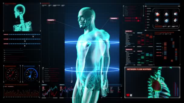 Zoom Estructura esquelética humana, sistema óseo, interfaz de usuario de pantalla digital de rayos X azul light.in . — Vídeo de stock