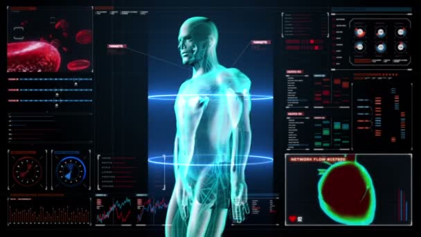 Powiększenie narządów wewnętrznych człowieka, układu trawiennego.Niebieskie światło rentgenowskie. w cyfrowym interfejsie użytkownika wyświetlacza. — Wideo stockowe