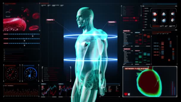Zoom rotazione del corpo e la scansione del cuore. Sistema cardiovascolare umano, luce blu a raggi X. sull'interfaccia utente del display digitale . — Video Stock