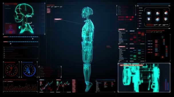 Semitransparência rotativa corpo robô 3D, varredura de raios X na interface digital. exibição — Vídeo de Stock