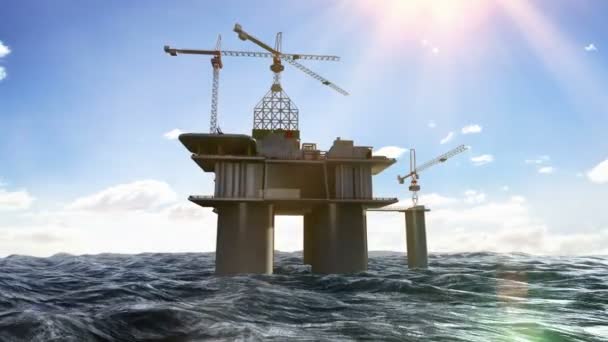 Oljeborrning, oljeplattform i havet på dagtid 3D animation, — Stockvideo
