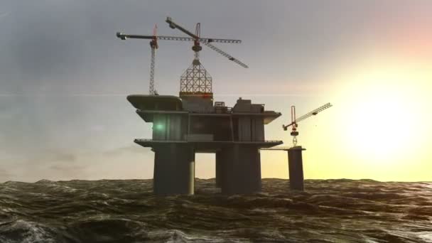 Perforazione del petrolio, piattaforma petrolifera in mare al tramonto animazione 3D , — Video Stock