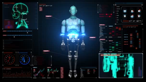 Escaneo del cuerpo del robot 3D en interfaz digital . — Vídeo de stock