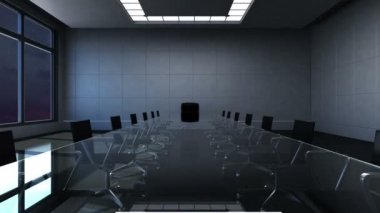 Konferans salonu, beyin fırtınası, ileri hareket eden kamera, ön başkan.gece.