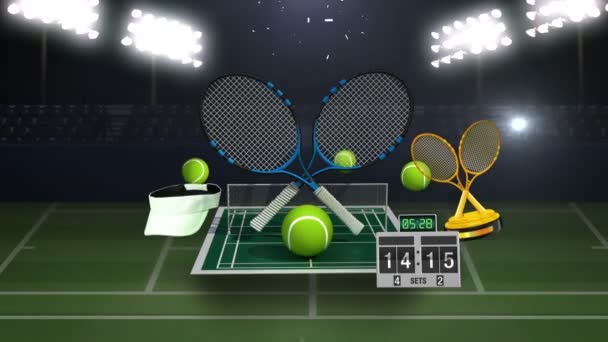 Floating tennis icon, racket, ball, tennis court. — Stock Video