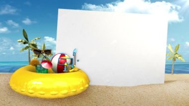 Yaz tatili ön beyaz tahta için seyahat etmeye hazırlanın, tropikal plajda tatil in keyfini çıkarın (alfa dahil)