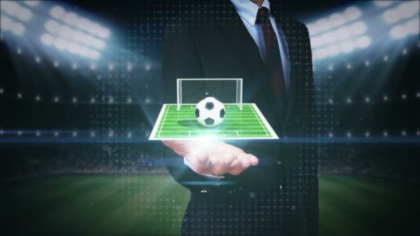 Üzletember nyitott tenyér, Around Soccer ikon, futballpálya, animáció (tartalmazott alfa) — Stock videók