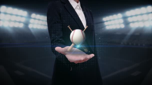 Businesswoman open palm, baseball, bat, ball.field. — Stock Video