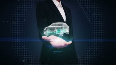 İş kadını açık palmiye, Elektronik, hidrojen, lityum iyon pil yankı araba. Araba aküsü şarj. X-Ray Yan görünümü. çevre dostu gelecek araba.