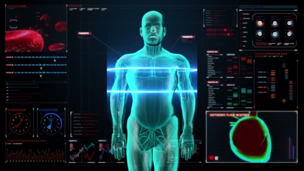 Zvětšení/zmenšení přední částí karoserie a skenování srdce. Kardiovaskulární systém člověka v řídicím panelu digitální displej. Modré světlo X-ray. — Stock video