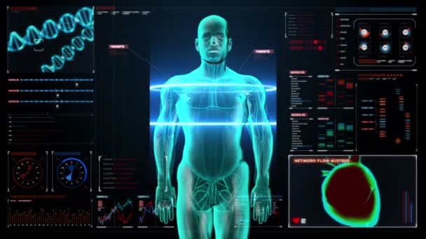 Skenování přední částí karoserie. Lidské plíce, plicní diagnostiku digitální zobrazení řídicího panelu. Modré světlo X-ray. — Stock video