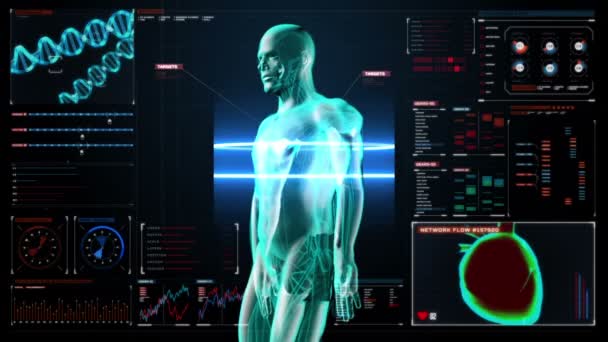 Escaneando el cuerpo. Rotating Human lung, Pulmonary Diagnostics in digital display dashboard (en inglés). Luz azul de rayos X . — Vídeo de stock