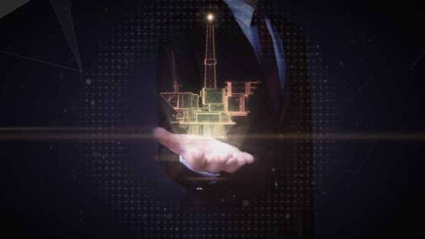 Uomo d'affari palme aperte, trivellazione petrolifera, nave piattaforma petrolifera. immagine a raggi X . — Video Stock