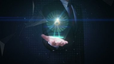 İşadamı açık avuç içi, anten kulesi, radar, küresel iletişim büyümek yapma. x-ray görüntü.