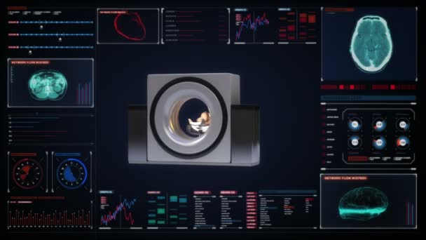 Tomografía computarizada, tecnología de diagnóstico médico.Máquina de resonancia magnética en tablero de instrumentos de visualización digital . — Vídeos de Stock