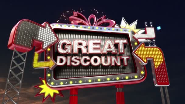 Sale sign 'GREAT DISCOUNT' in led light billboard promotion. — Stock Video