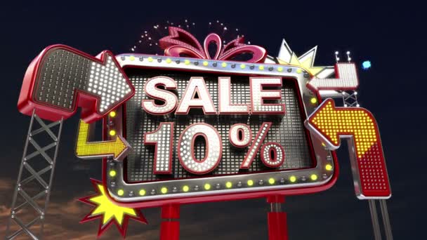 Sinal de venda 'VENDA 10%' na promoção de cartaz de luz led . — Vídeo de Stock