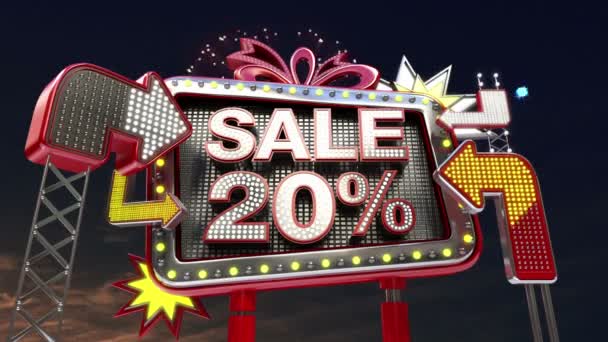 Sale sign 'SALE 20 percents' in led light billboard promotion. — Stock Video