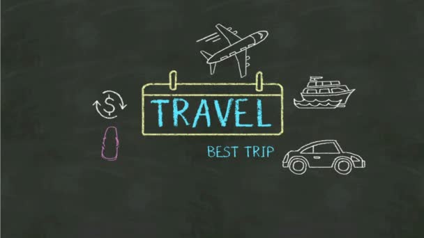 黒板での「旅」の手書き概念とアイコンイラスト. — ストック動画
