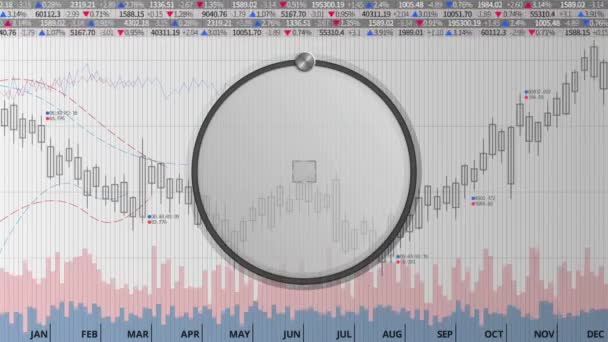 Укажите около 70 процентов кругового циферблата на различных графиках и графиках анимированных фондовых рынков. (No text version ) — стоковое видео